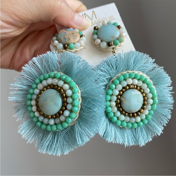 Neiman Marcus Statement Fran Drop Fringe Round Stone Bead Green Teal blue NWT - Picture 4 of 15